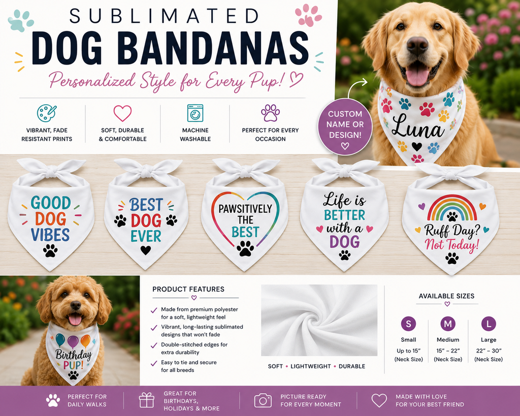 Personalized Sublimated Dog Bandana | Custom Pet Bandana | Funny & Patriotic Dog Scarf | Colorful Puppy Accessories | Custom Dog Gift