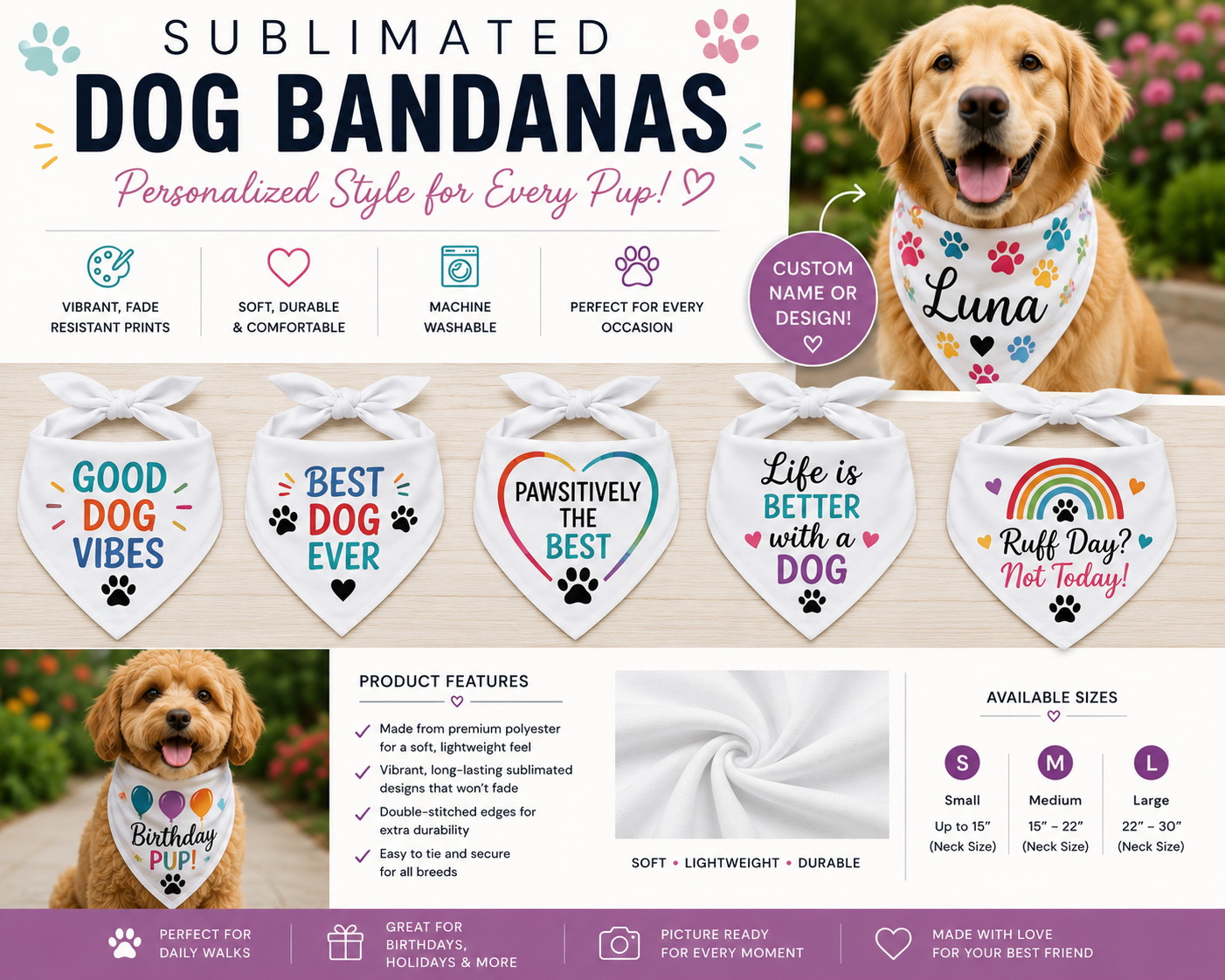 Personalized Sublimated Dog Bandana | Custom Pet Bandana | Funny & Patriotic Dog Scarf | Colorful Puppy Accessories | Custom Dog Gift