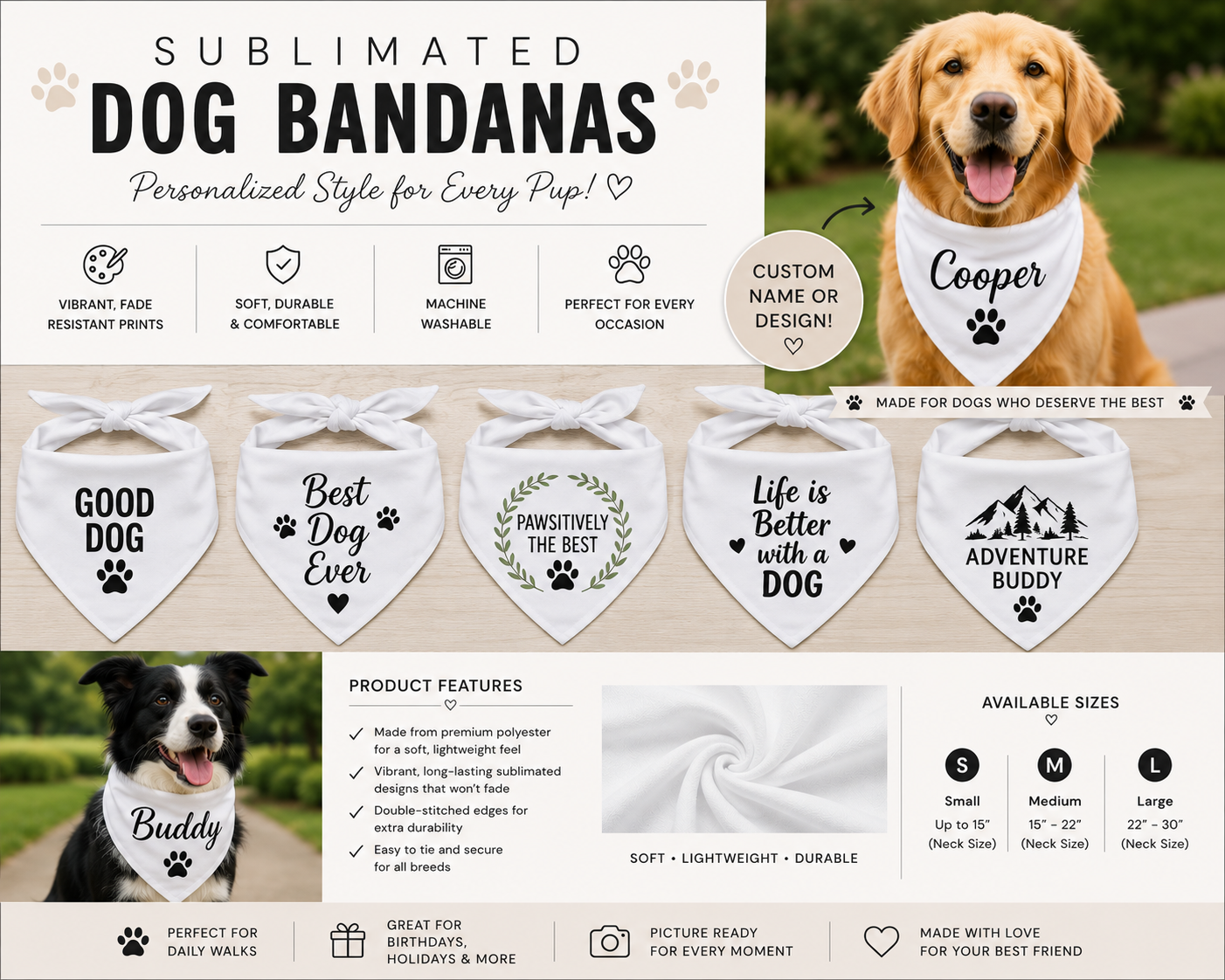 Personalized Sublimated Dog Bandana | Custom Pet Bandana | Funny & Patriotic Dog Scarf | Colorful Puppy Accessories | Custom Dog Gift